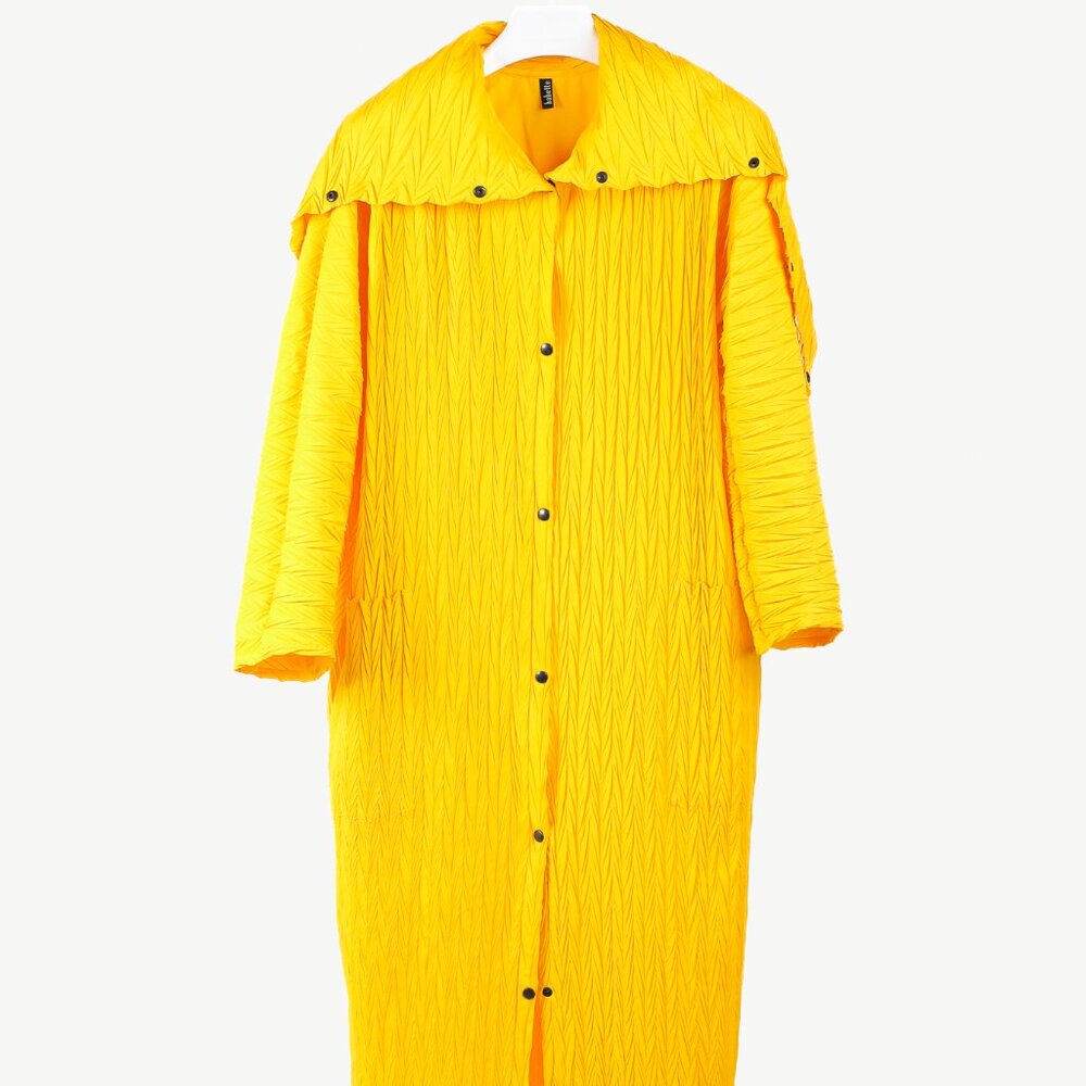 Babette Yellow Pleated Snap-Front Cowl-Collar Maxi Coat